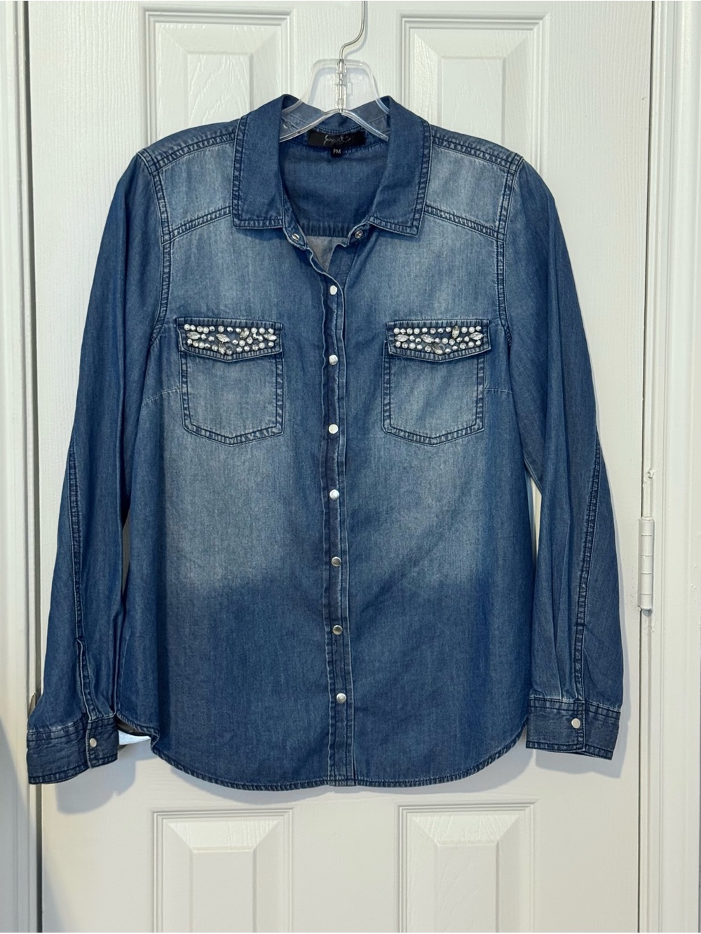 Y2K McBling Earl Jeans Western Denim Button Down Shirt with Rhinestones, PM